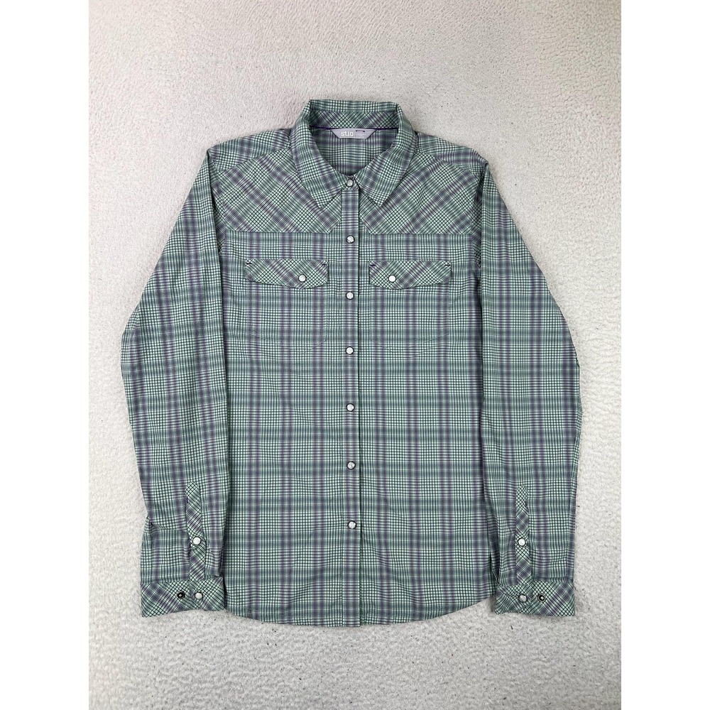 Stio Womens Green Plaid Pearl Snap Western Shirt Long Sleeve Outdoor L 100055731